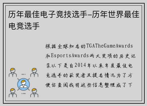 历年最佳电子竞技选手-历年世界最佳电竞选手
